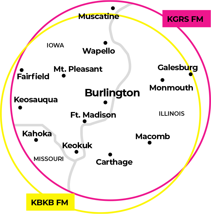 Coverage map of KGRS FM and KBKB FM across Southeast Iowa, West Central Illinois and Northeast Missouri